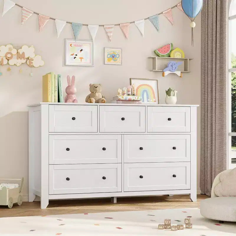 Commode moderne 7 tiroirs de 137 cm de large pour chambre, entrée, couloir, blanche