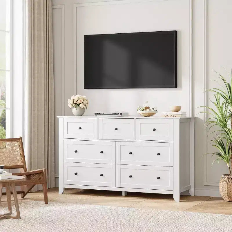Commode moderne 7 tiroirs de 137 cm de large pour chambre, entrée, couloir, blanche