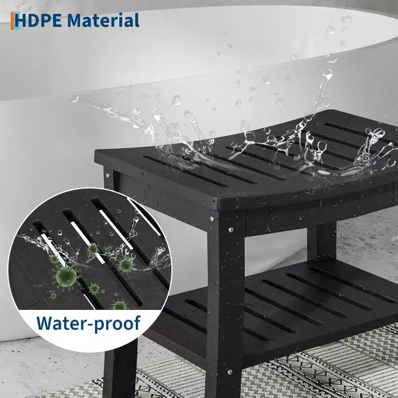 Banc de douche étanche avec étagère de rangement, tabouret de salle de bain robuste de 180 kg et siège de bain pour personnes âgées et pour le rasage des jambes