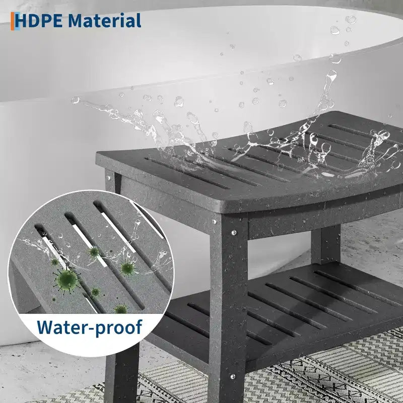 Banc de douche étanche avec étagère de rangement, tabouret de salle de bain robuste de 180 kg et siège de bain pour personnes âgées et pour le rasage des jambes
