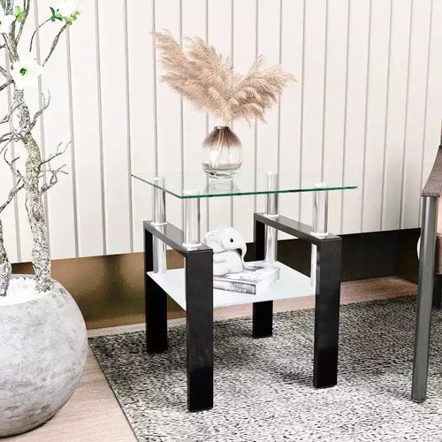 Table basse carrée à 2 niveaux en verre trempé de 45 cm avec pieds en métal noir