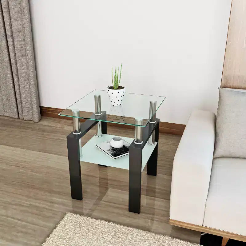 Table basse carrée à 2 niveaux en verre trempé de 45 cm avec pieds en métal noir