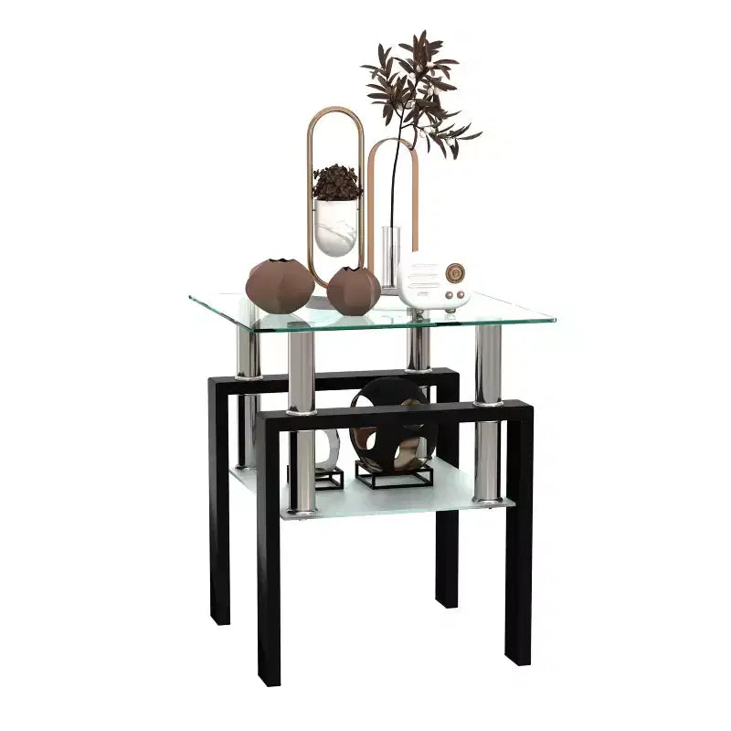 Table basse carrée à 2 niveaux en verre trempé de 45 cm avec pieds en métal noir