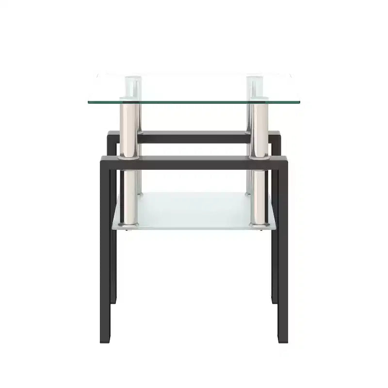 Table basse carrée à 2 niveaux en verre trempé de 45 cm avec pieds en métal noir