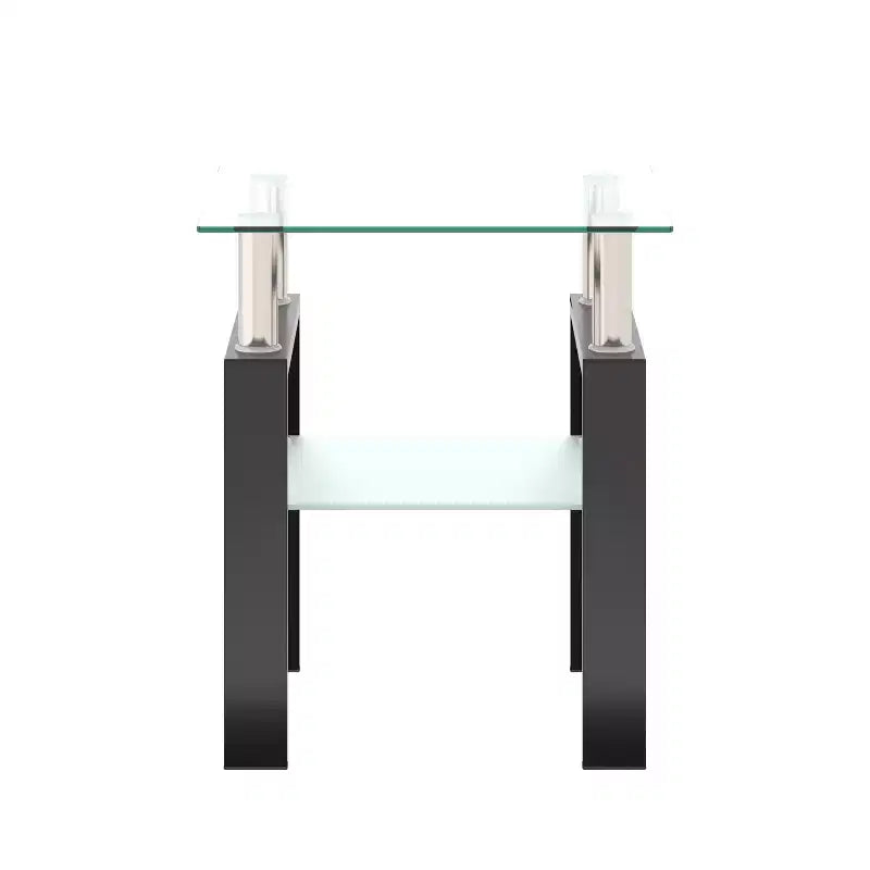 Table basse carrée à 2 niveaux en verre trempé de 45 cm avec pieds en métal noir
