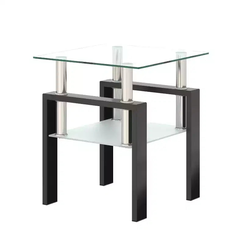 Table basse carrée à 2 niveaux en verre trempé de 45 cm avec pieds en métal noir