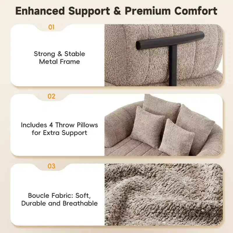 Grande chaise longue nuage en boucle de 163 cm, canapé sans armature à support métallique pour salon/chambre à coucher