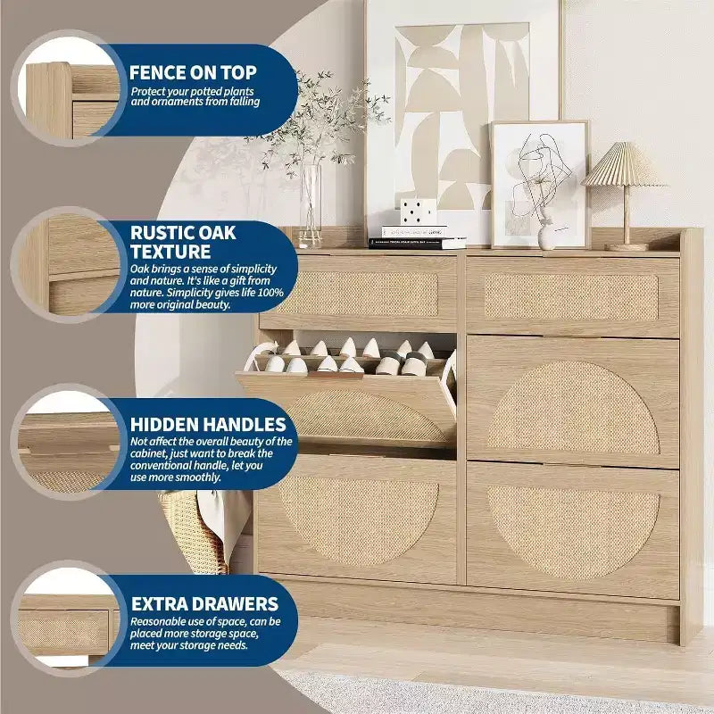 Meuble de rangement pour chaussures en rotin sur pied à 4 tiroirs basculants pour entrée, couloir, salon