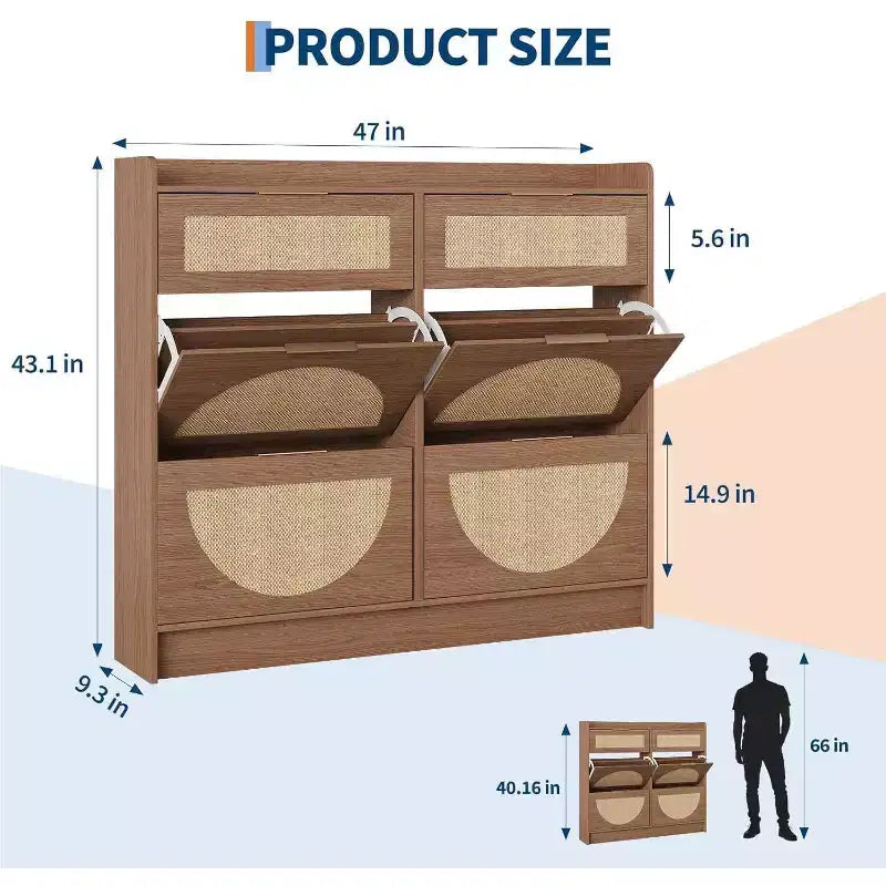 Meuble de rangement pour chaussures en rotin sur pied à 4 tiroirs basculants pour entrée, couloir, salon