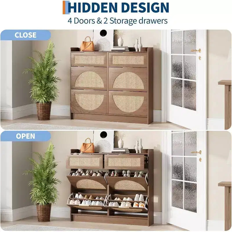Meuble de rangement pour chaussures en rotin sur pied à 4 tiroirs basculants pour entrée, couloir, salon