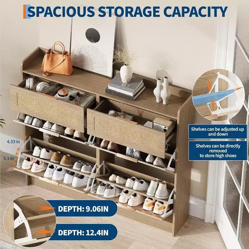 Meuble de rangement pour chaussures en rotin sur pied à 4 tiroirs basculants pour entrée, couloir, salon