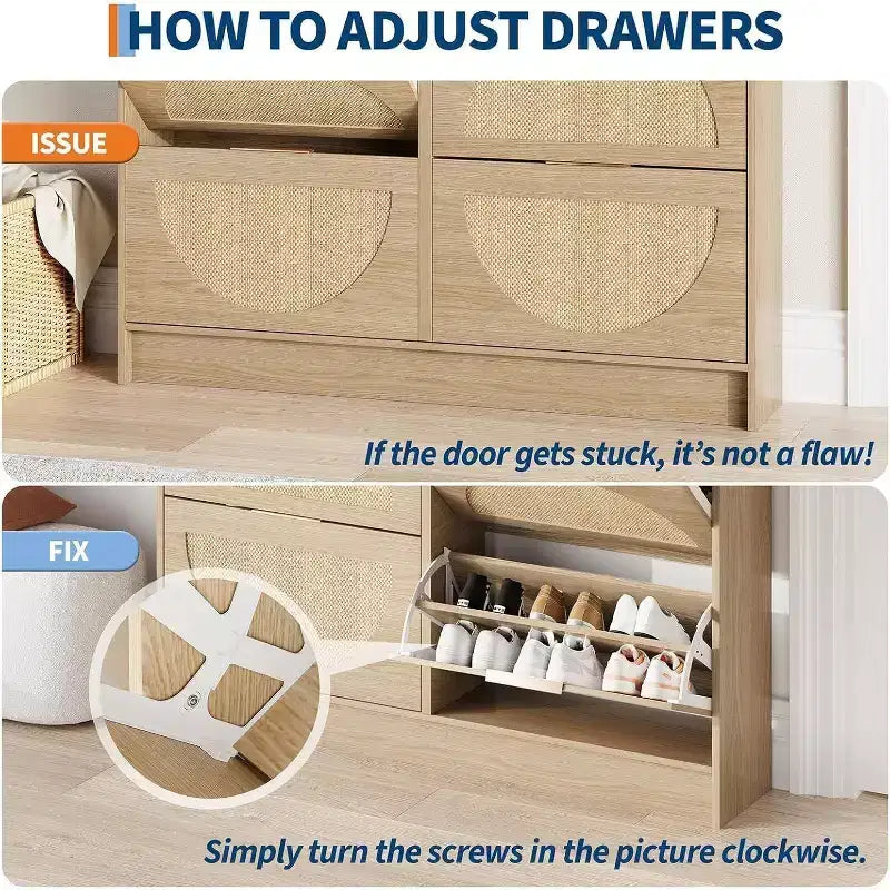 Meuble de rangement pour chaussures en rotin sur pied à 4 tiroirs basculants pour entrée, couloir, salon