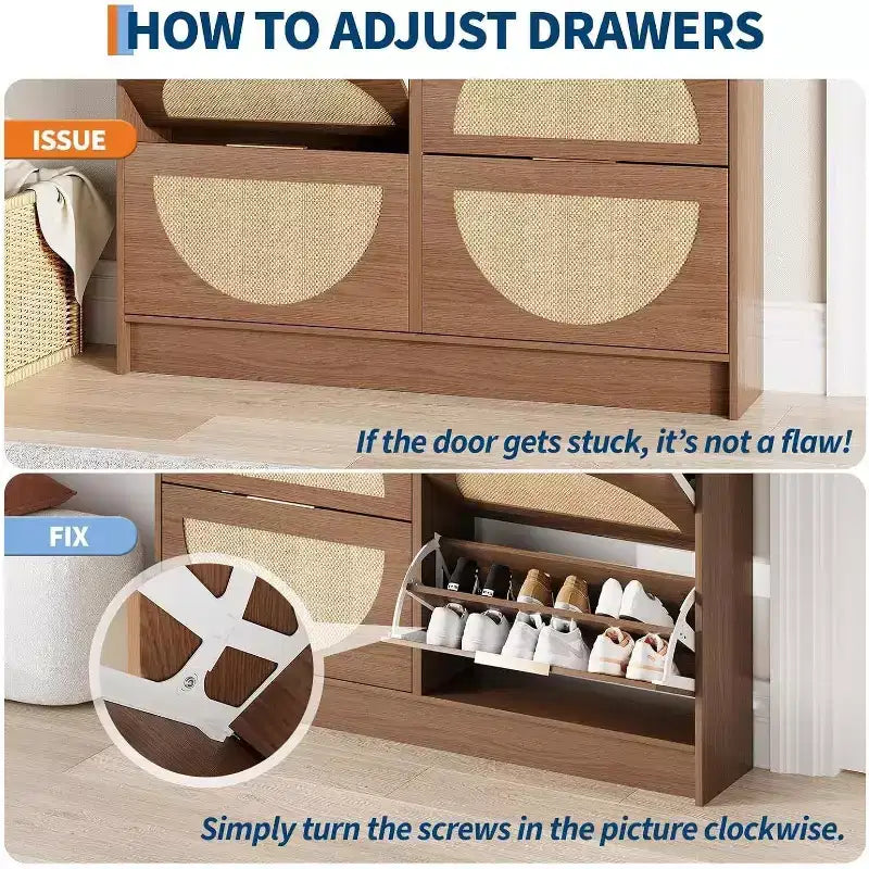 Meuble de rangement pour chaussures en rotin sur pied à 4 tiroirs basculants pour entrée, couloir, salon
