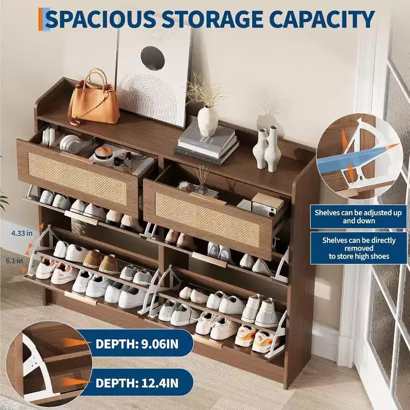 Meuble de rangement pour chaussures en rotin sur pied à 4 tiroirs basculants pour entrée, couloir, salon