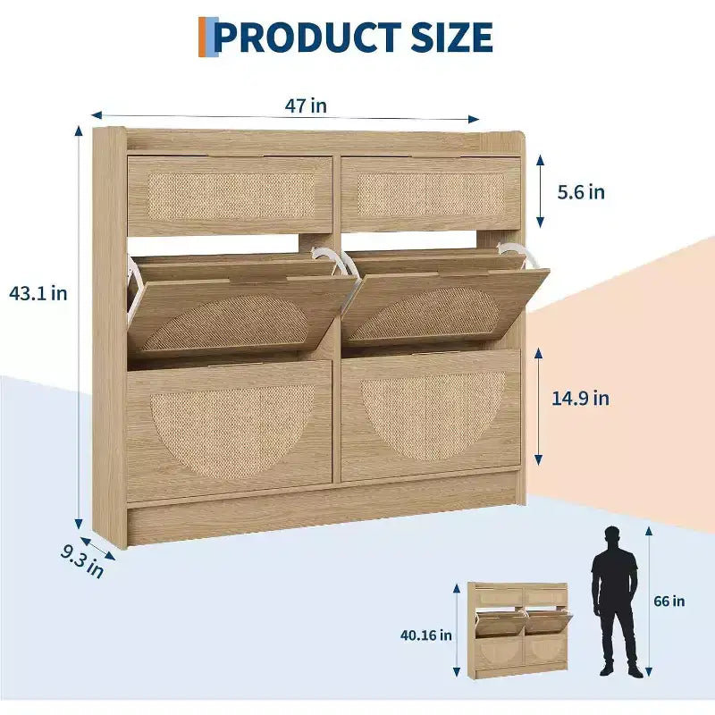 Meuble de rangement pour chaussures en rotin sur pied à 4 tiroirs basculants pour entrée, couloir, salon