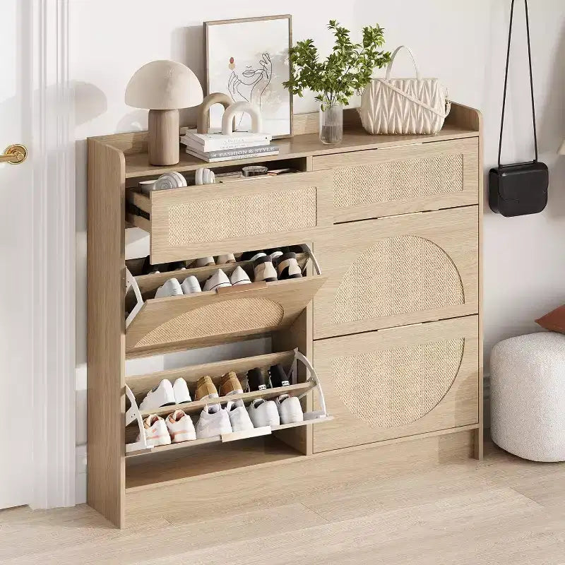 Meuble de rangement pour chaussures en rotin sur pied à 4 tiroirs basculants pour entrée, couloir, salon