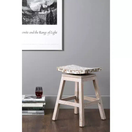 Tabouret de bar marron hauteur comptoir 60 cm incrustation coquille de noix de coco, piètement en bois de manguier, aucun assemblage requis