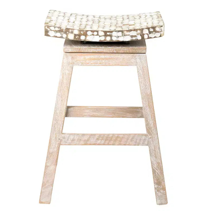 Tabouret de bar marron hauteur comptoir 60 cm incrustation coquille de noix de coco, piètement en bois de manguier, aucun assemblage requis