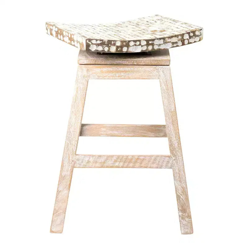 Tabouret de bar marron hauteur comptoir 60 cm incrustation coquille de noix de coco, piètement en bois de manguier, aucun assemblage requis