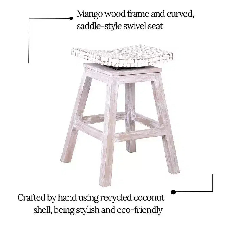 Tabouret de bar marron hauteur comptoir 60 cm incrustation coquille de noix de coco, piètement en bois de manguier, aucun assemblage requis