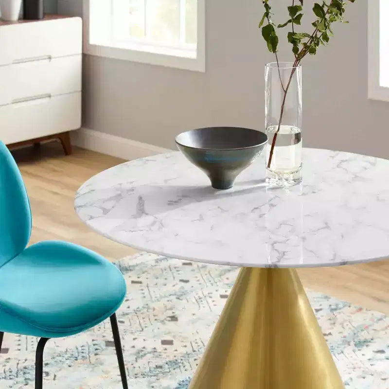 Table à manger ronde 40" en marbre artificiel, pied socle doré