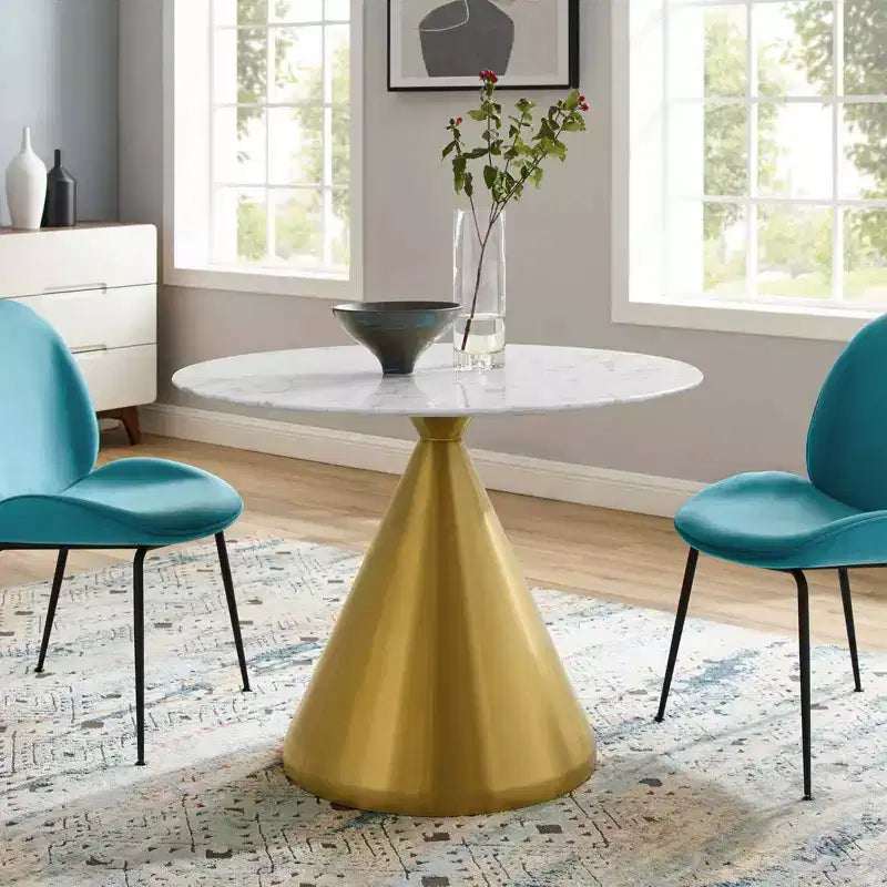 Table à manger ronde 40" en marbre artificiel, pied socle doré