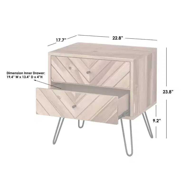 Table de chevet moderne du milieu du siècle à 2 tiroirs, finition placage en bois de chêne
