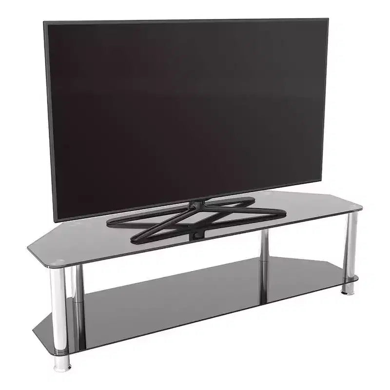 Meuble TV avec étagères en verre pour téléviseurs jusqu'à 65 pouces, argent/noir