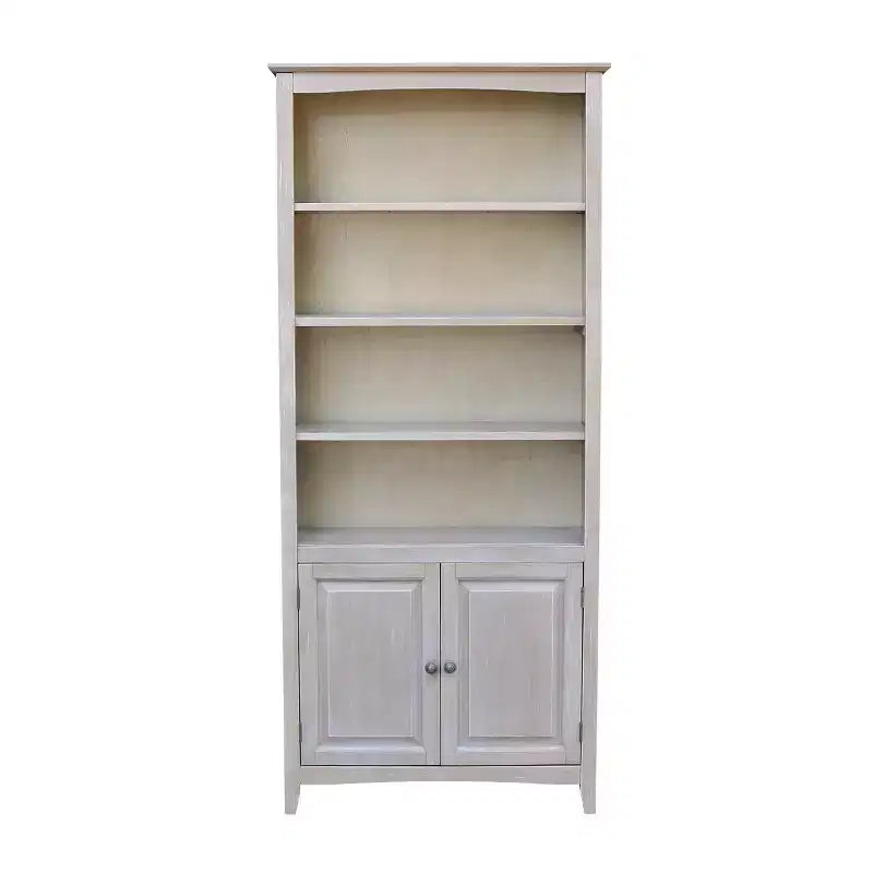 Bibliothèque de 72 po avec deux portes inférieures, gris délavé, en parawood massif, design Mid-Century