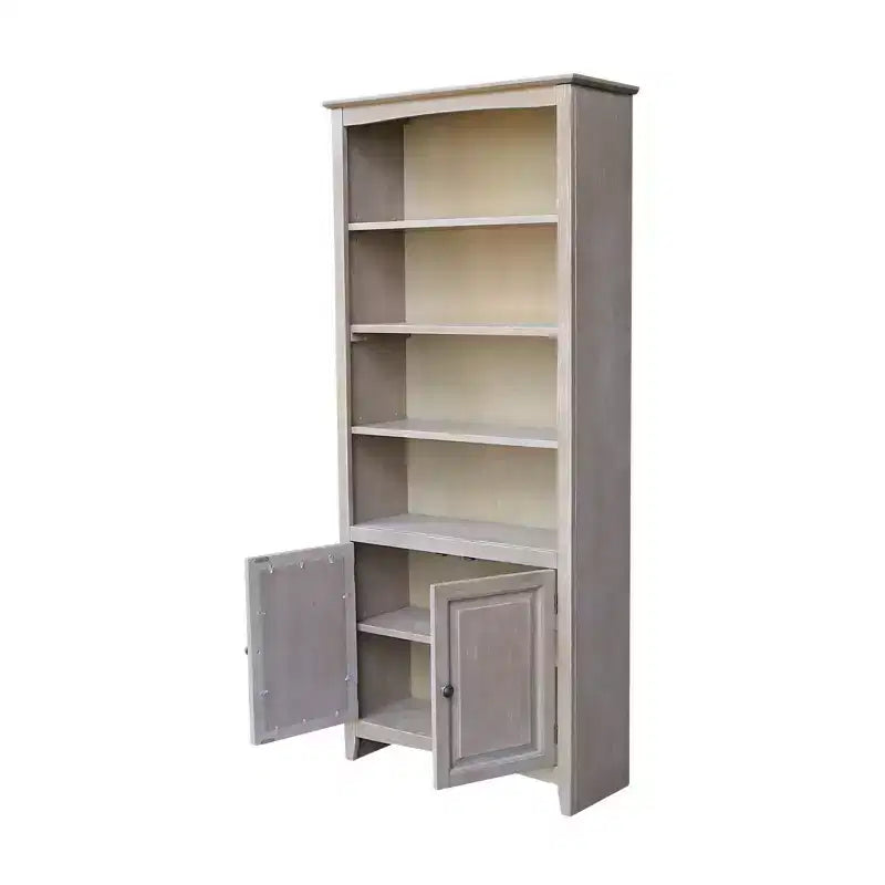 Bibliothèque de 72 po avec deux portes inférieures, gris délavé, en parawood massif, design Mid-Century