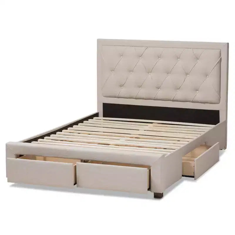 Lit de rangement moderne et contemporain en tissu avec tête de lit capitonnée et tiroirs