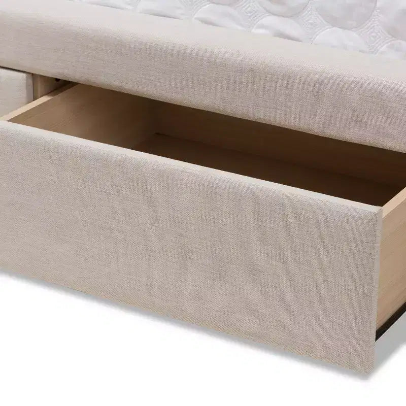 Lit de rangement moderne et contemporain en tissu avec tête de lit capitonnée et tiroirs