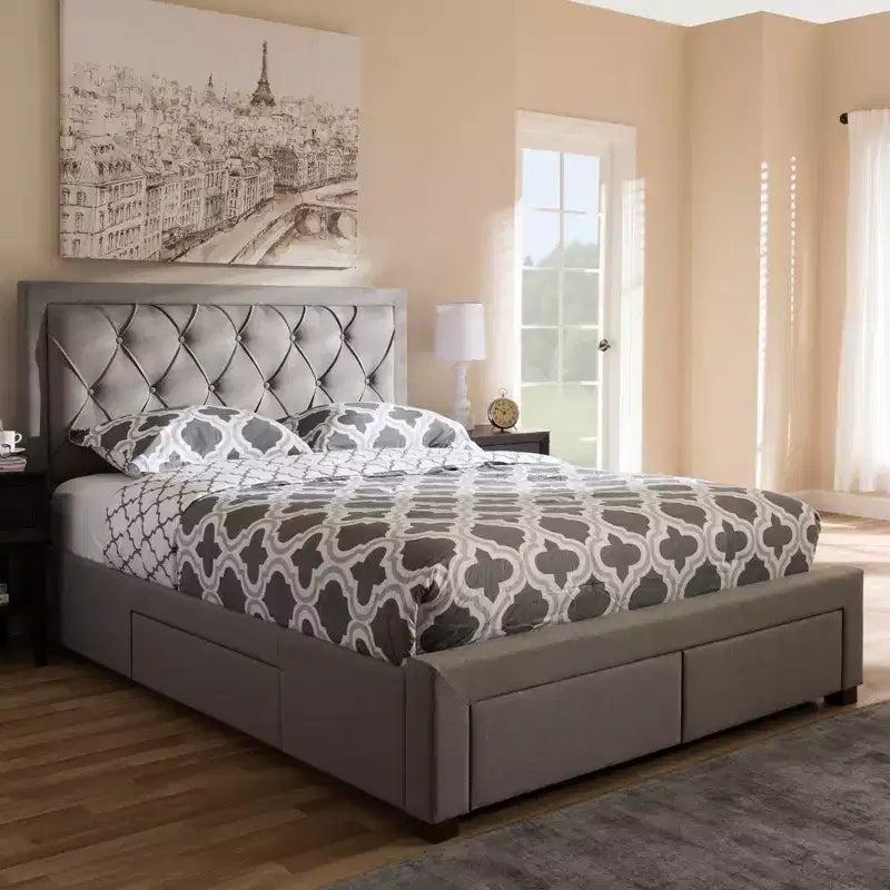 Lit de rangement moderne et contemporain en tissu avec tête de lit capitonnée et tiroirs