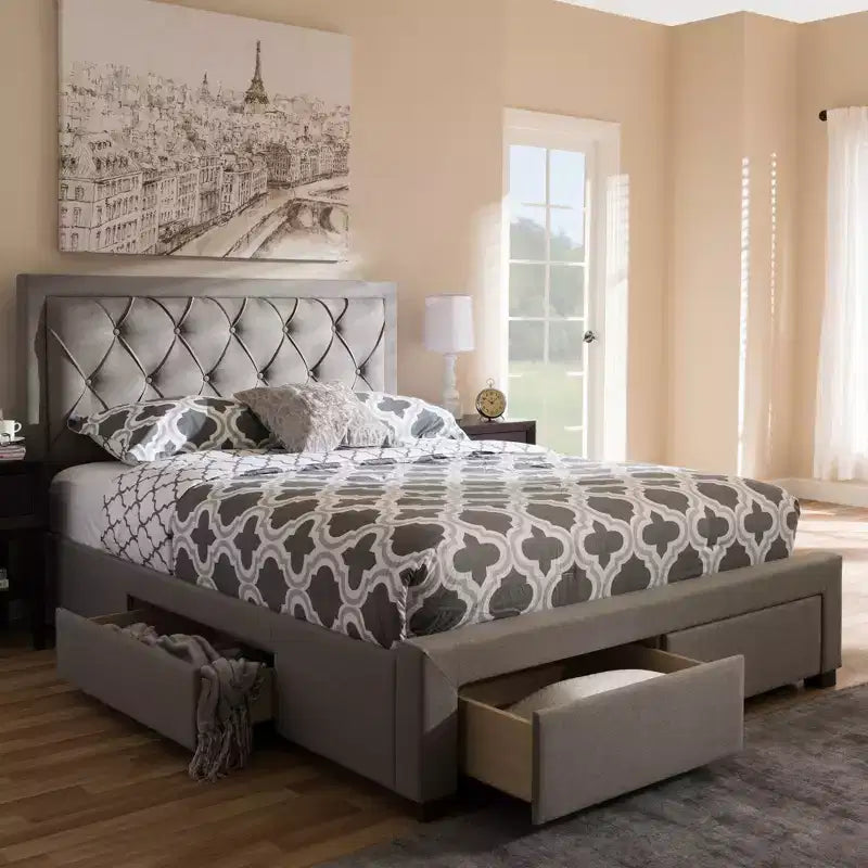 Lit de rangement moderne et contemporain en tissu avec tête de lit capitonnée et tiroirs