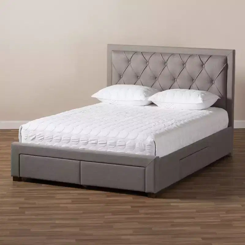 Lit de rangement moderne et contemporain en tissu avec tête de lit capitonnée et tiroirs