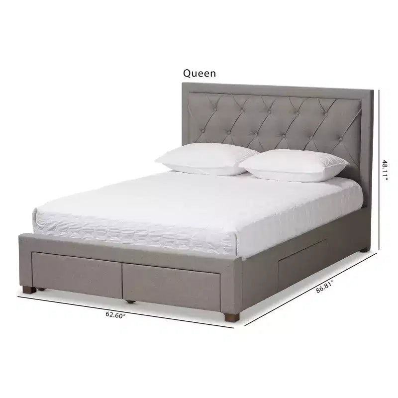 Lit de rangement moderne et contemporain en tissu avec tête de lit capitonnée et tiroirs