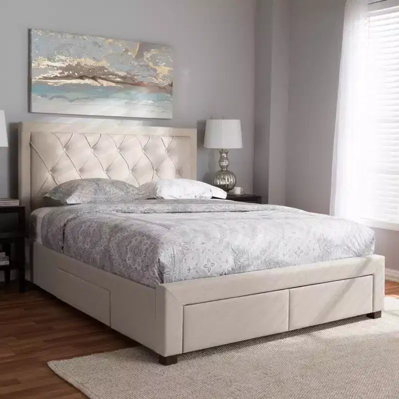 Lit de rangement moderne et contemporain en tissu avec tête de lit capitonnée et tiroirs