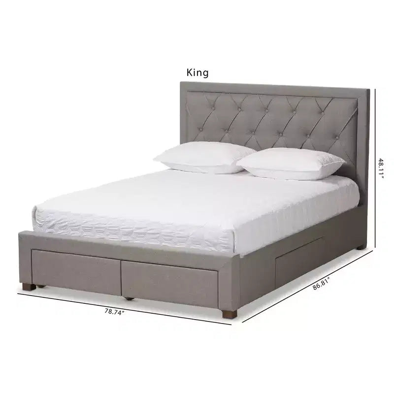 Lit de rangement moderne et contemporain en tissu avec tête de lit capitonnée et tiroirs