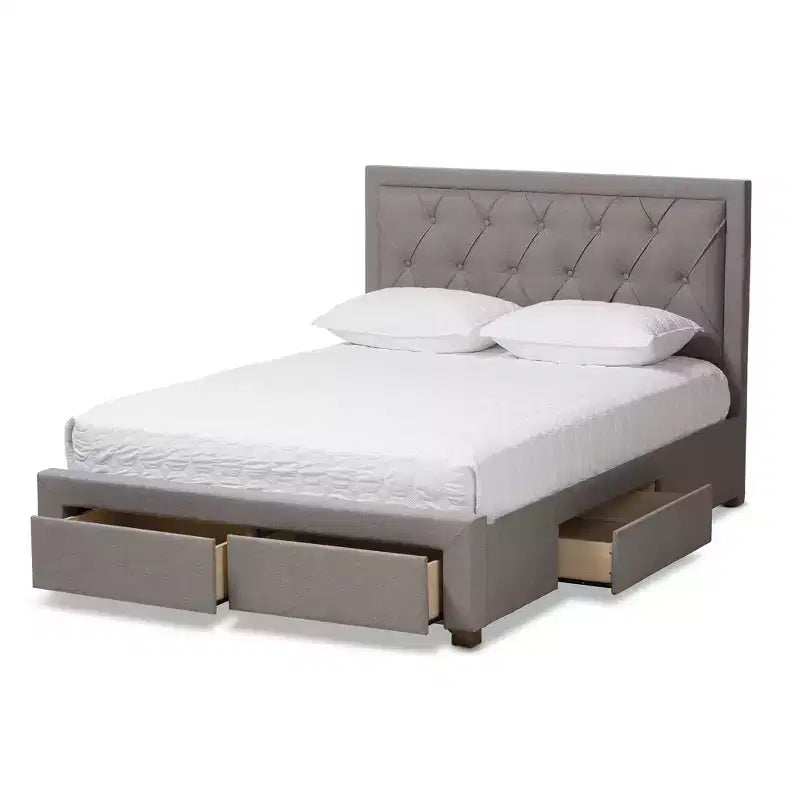 Lit de rangement moderne et contemporain en tissu avec tête de lit capitonnée et tiroirs