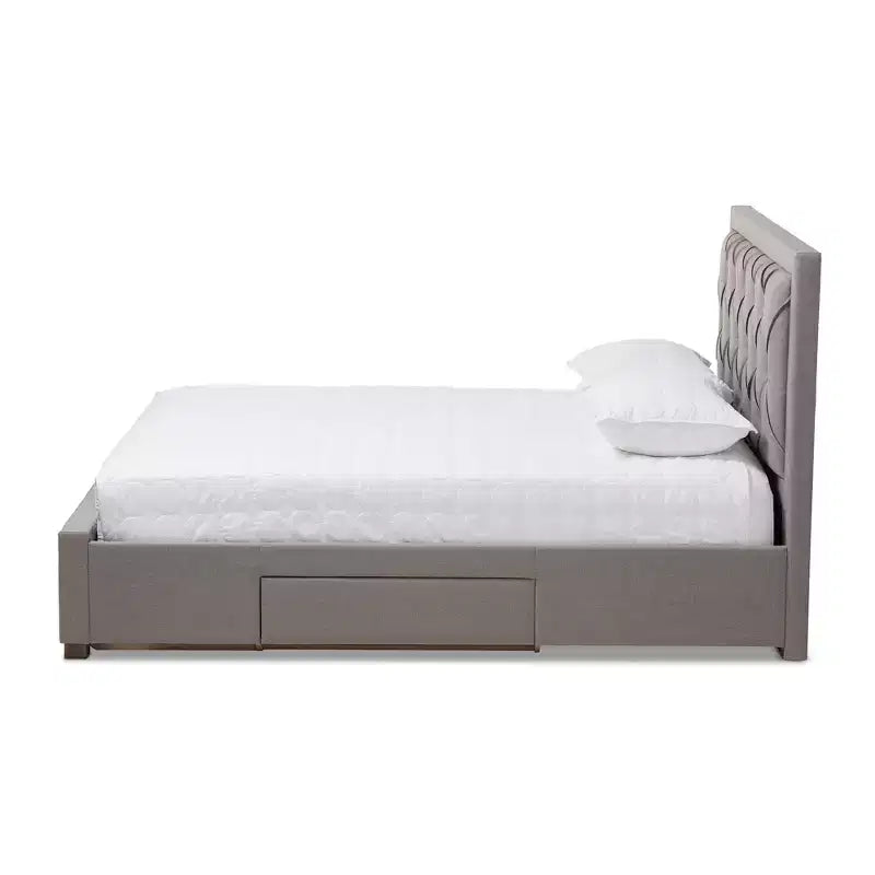 Lit de rangement moderne et contemporain en tissu avec tête de lit capitonnée et tiroirs