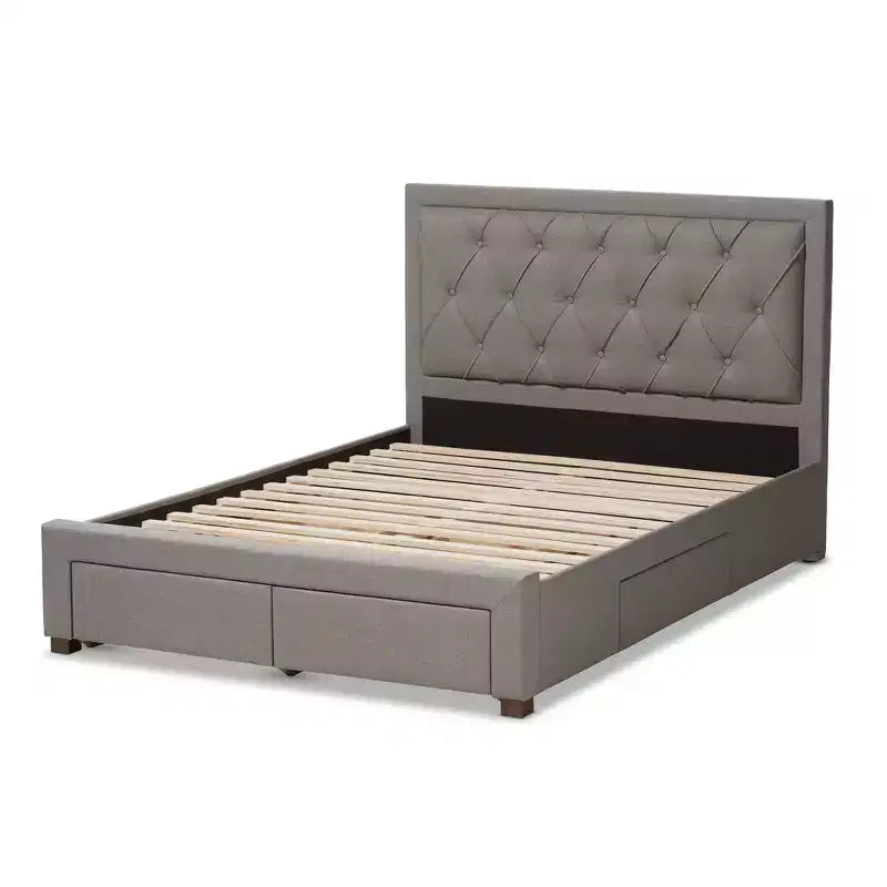 Lit de rangement moderne et contemporain en tissu avec tête de lit capitonnée et tiroirs