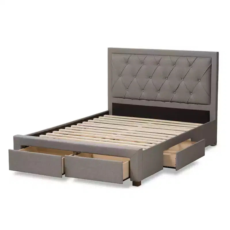 Lit de rangement moderne et contemporain en tissu avec tête de lit capitonnée et tiroirs