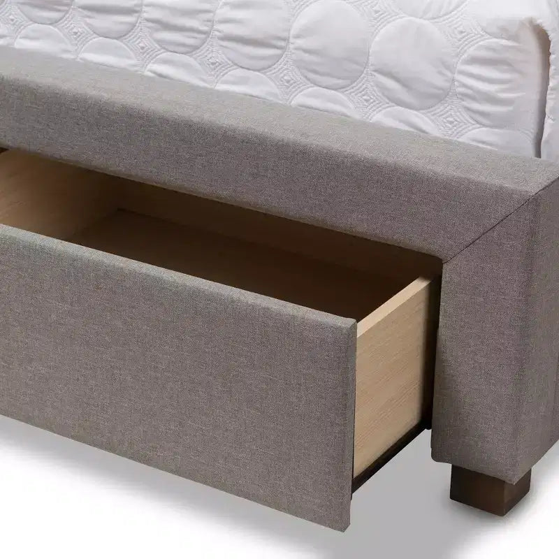 Lit de rangement moderne et contemporain en tissu avec tête de lit capitonnée et tiroirs