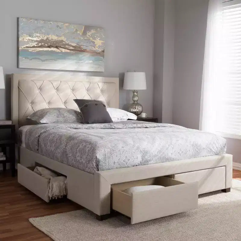Lit de rangement moderne et contemporain en tissu avec tête de lit capitonnée et tiroirs