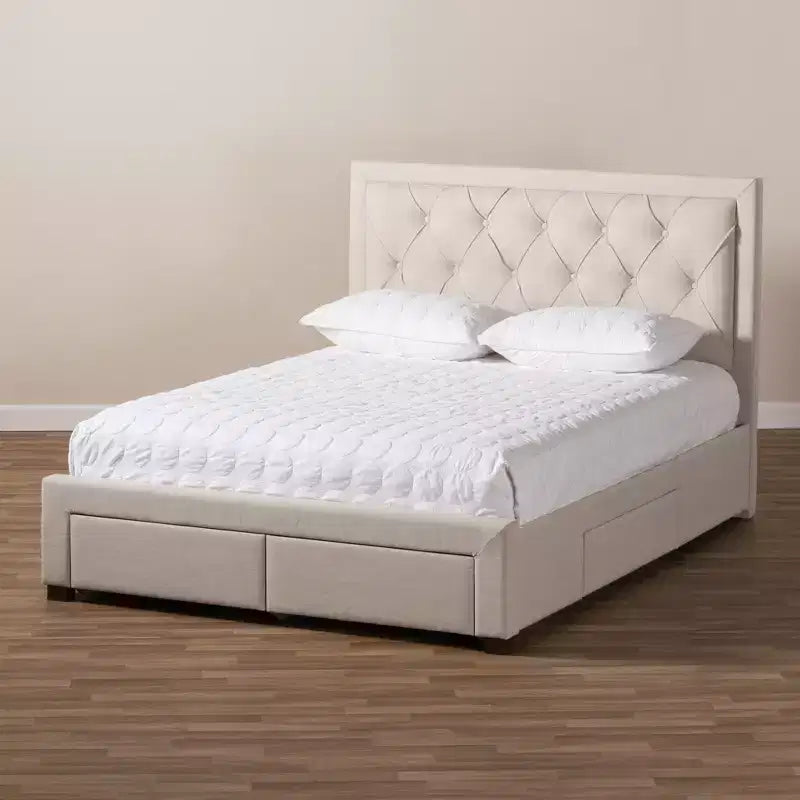Lit de rangement moderne et contemporain en tissu avec tête de lit capitonnée et tiroirs