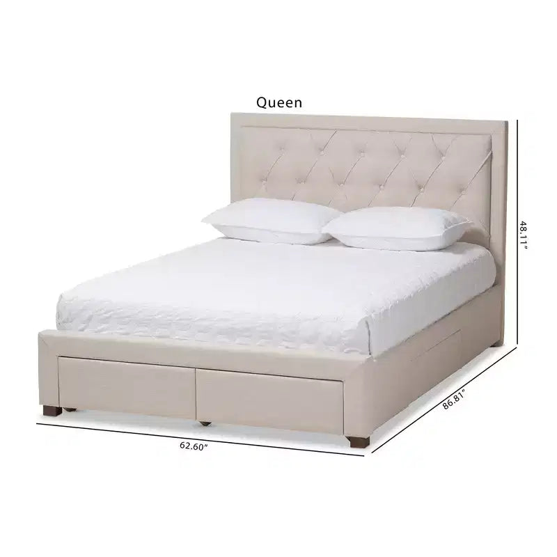 Lit de rangement moderne et contemporain en tissu avec tête de lit capitonnée et tiroirs