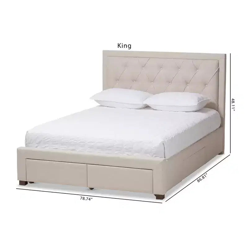 Lit de rangement moderne et contemporain en tissu avec tête de lit capitonnée et tiroirs