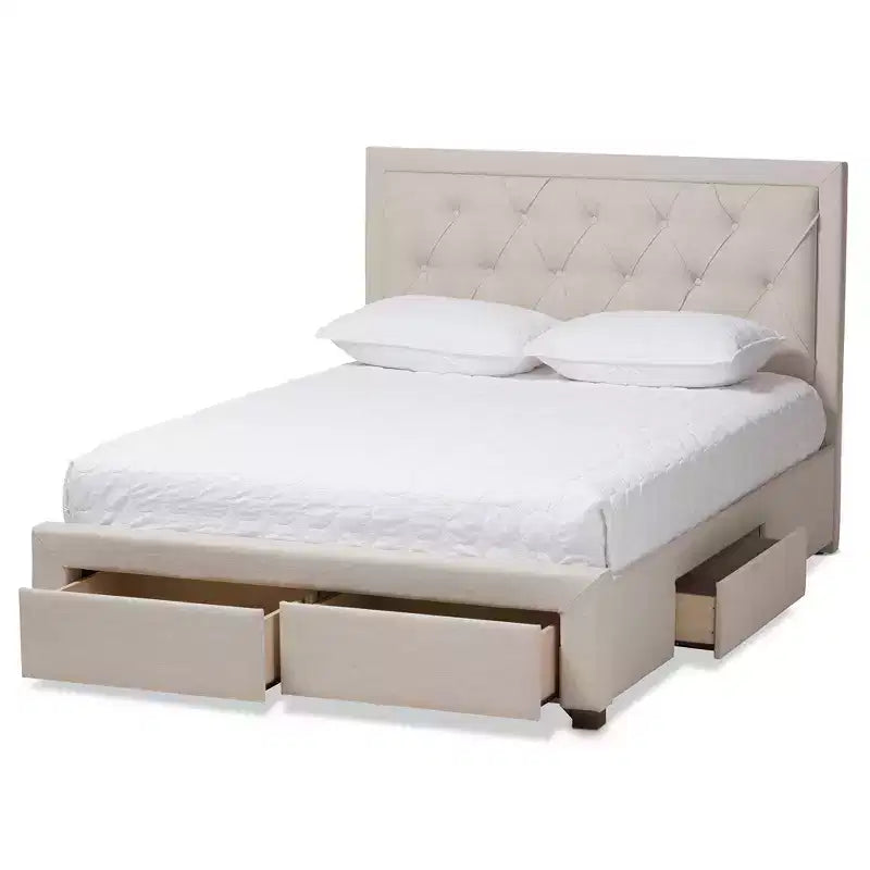 Lit de rangement moderne et contemporain en tissu avec tête de lit capitonnée et tiroirs