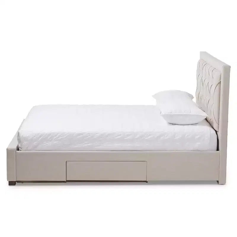 Lit de rangement moderne et contemporain en tissu avec tête de lit capitonnée et tiroirs