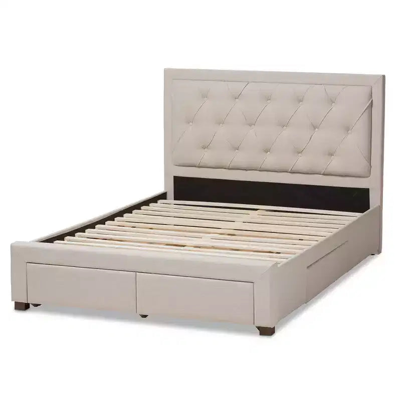 Lit de rangement moderne et contemporain en tissu avec tête de lit capitonnée et tiroirs